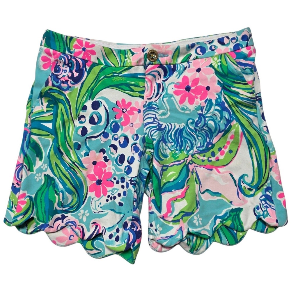Lilly Pulitzer Buttercup Scallop Hem Shorts Womens 2 Blue Floral Rayon Blend